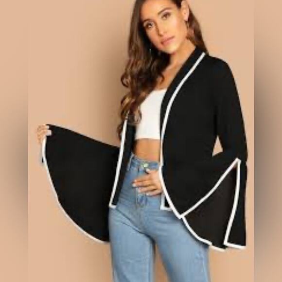 Zara Navy Bell Sleeve Wrap Blouse Blazer with White Trim, Medium - Picture 10 of 11